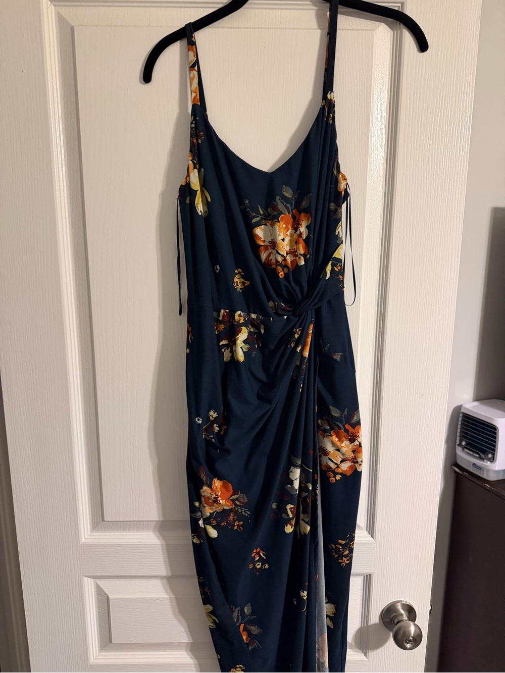 nine britton Navy Floral Strapless Maxi Dress with Orange Blooms